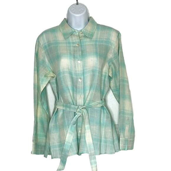 Talbots Petites Irish Linen Button Up Shirt w Belt sz 10P Blue Plaid Coastal - Picture 1 of 9